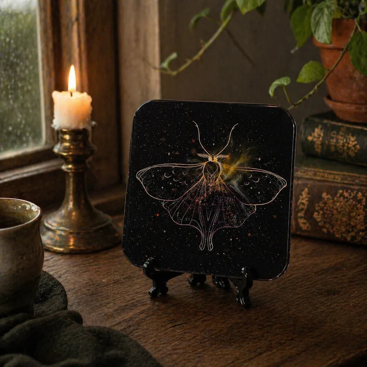 Hand-painted moth artifact on dark background