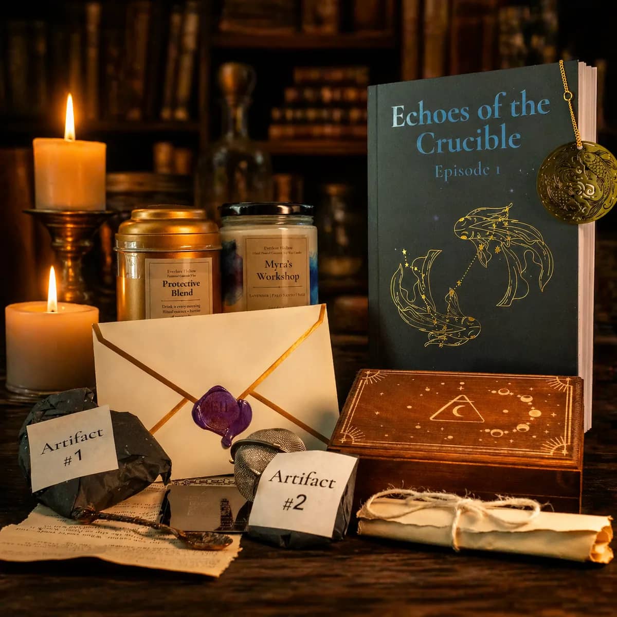Episode 1 contents — book, candle, tea, artifacts, documents, and surprise gifts laid out together