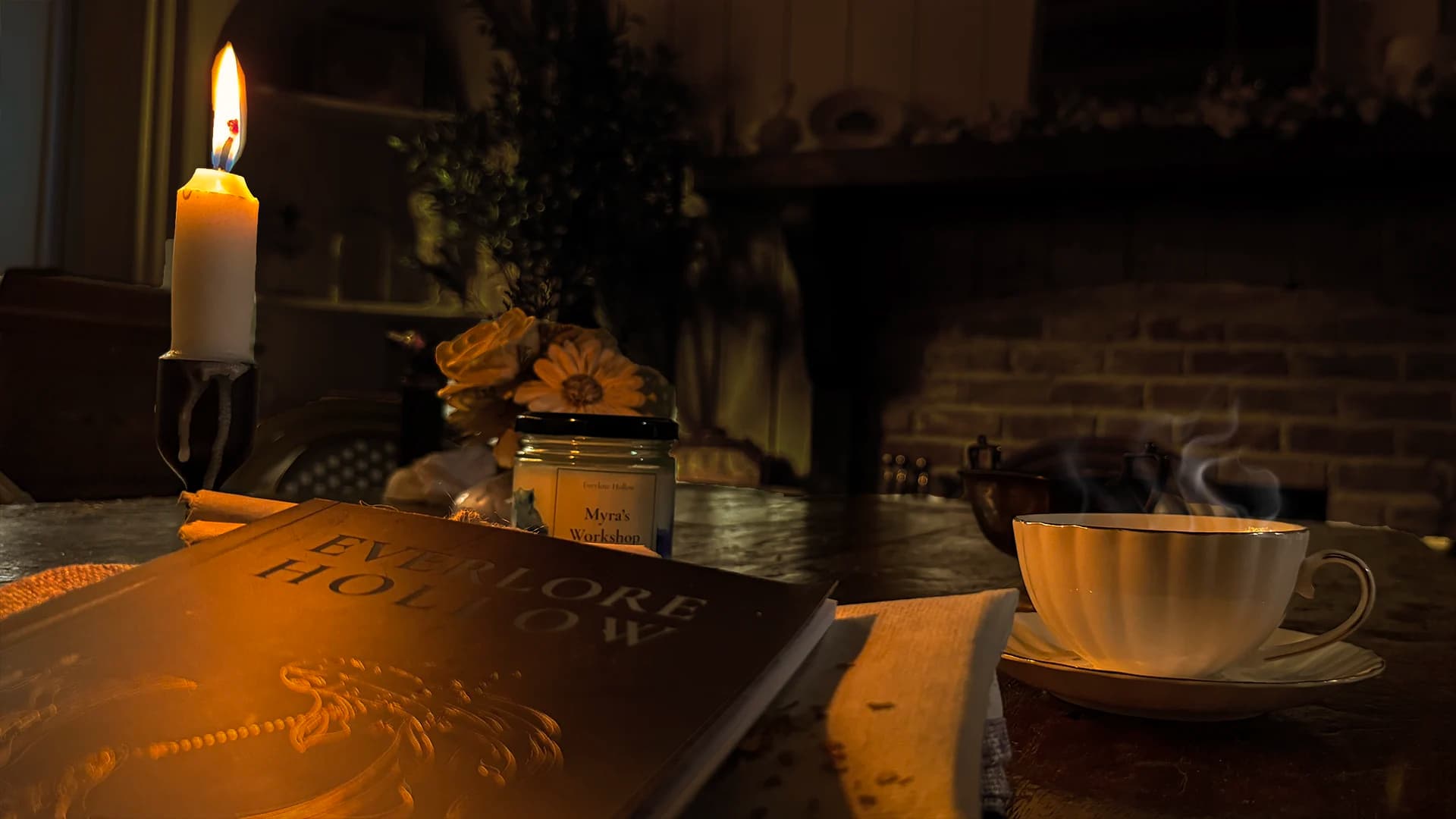 An Everlore Hollow story and Myra's Workshop candle arranged for a candlelit reading ritual