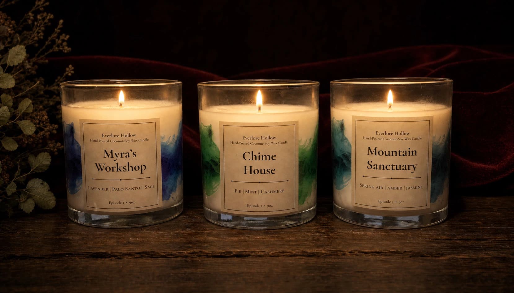 Three lit Everlore Hollow coconut-soy candles poured for three story episodes