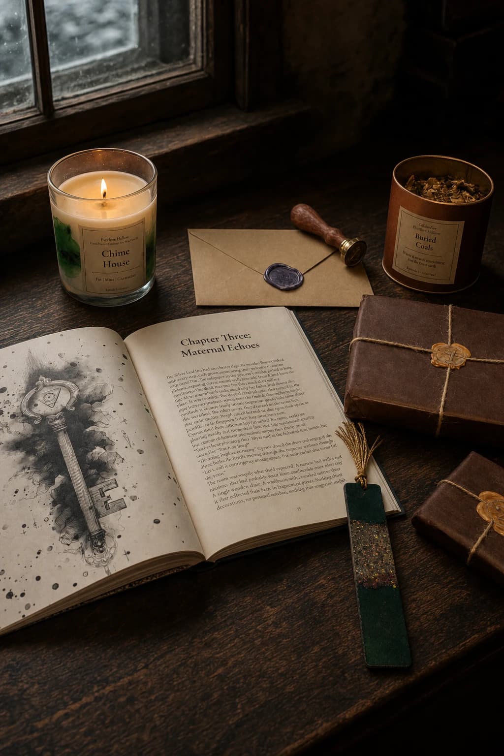 An open Everlore Hollow story beside a lit Chime House candle, a sealed letter, and story objects