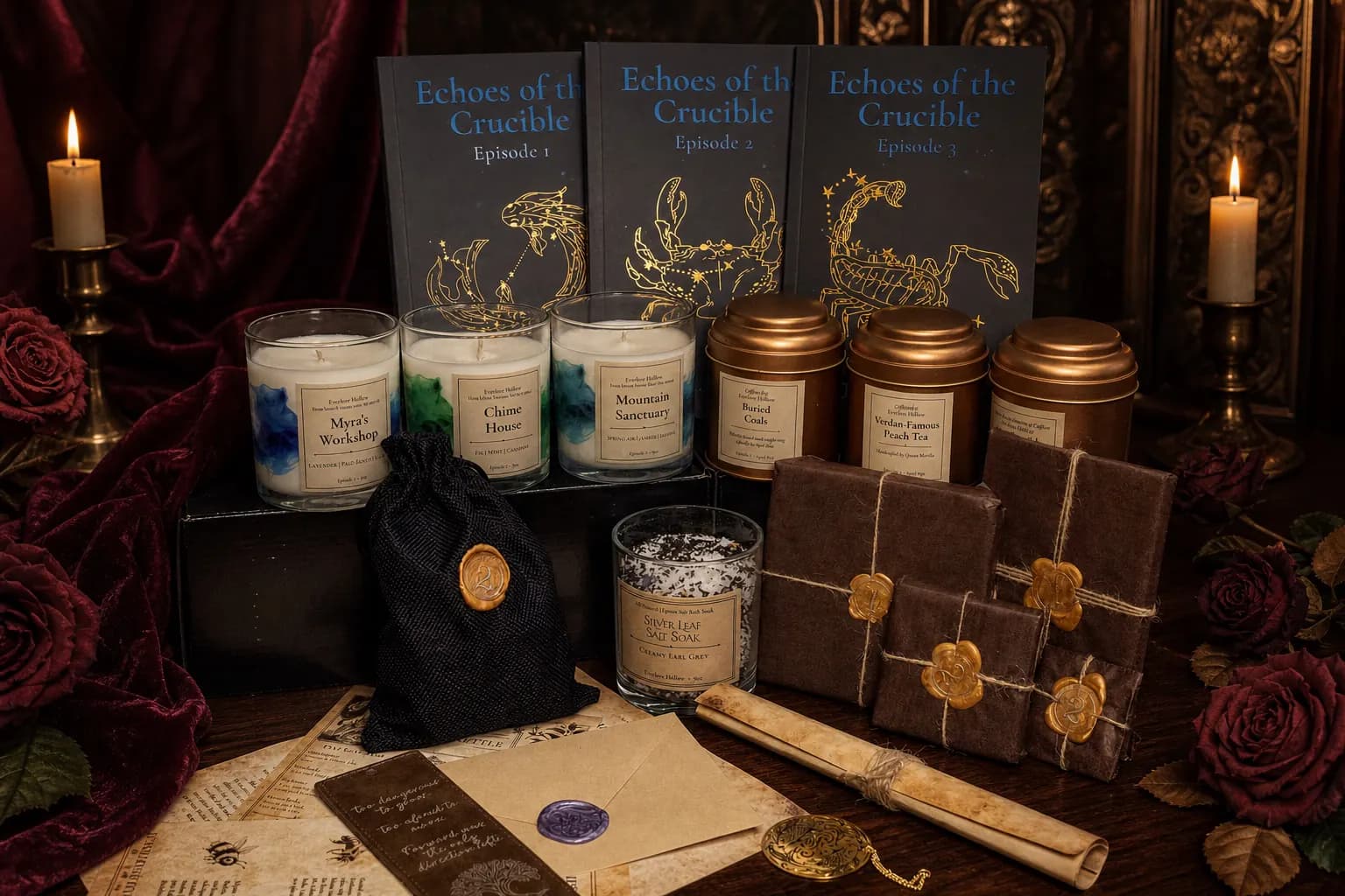 Everlore Hollow Season 1 collection with printed episodes, candles, teas, and story artifacts