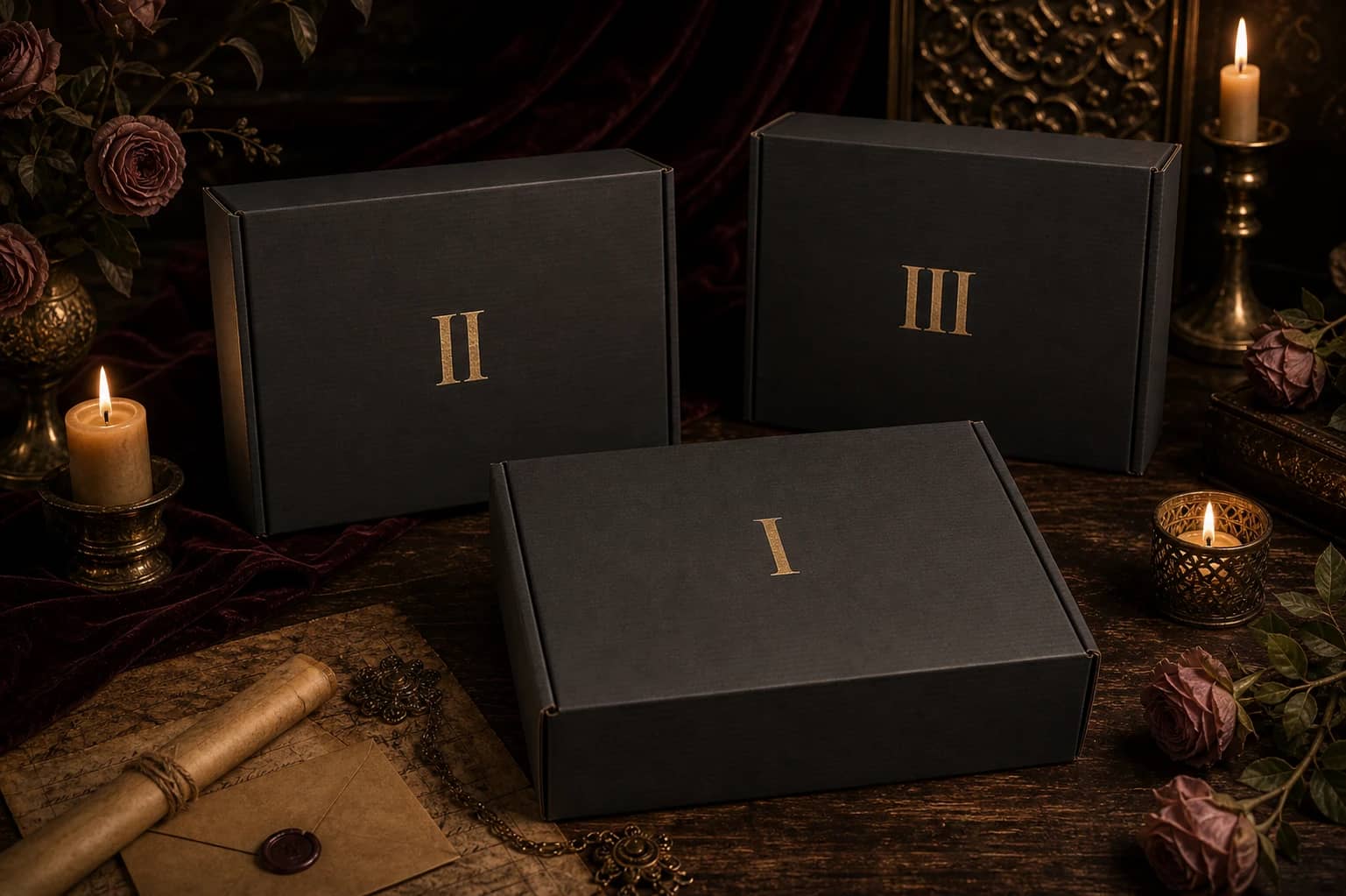 Three black Season 1 episode boxes marked I, II, and III in gold, staged with candlelight, roses, and antique brass